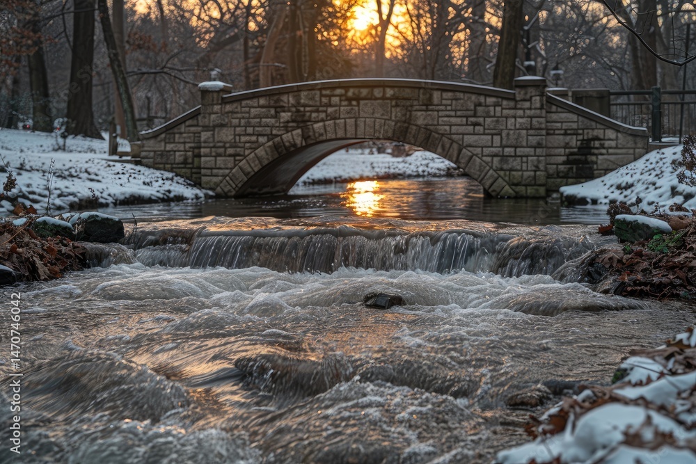 Obraz premium Stone bridge over a wintry stream at sunset.