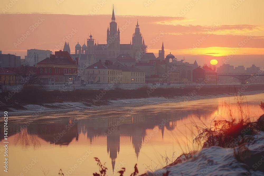 Obraz premium Cityscape reflected in tranquil winter river at sunrise.