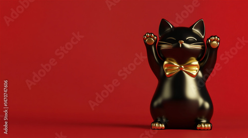 黒い招き猫の置物が赤背景に映える金運を象徴する構図 generative ai