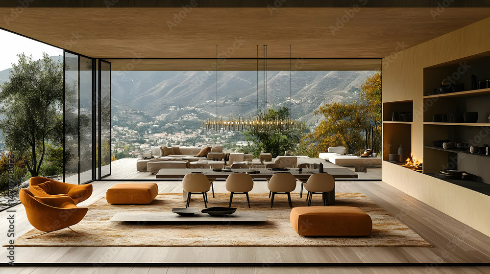 Fototapeta premium Modern Minimalist Interior Design with Panoramic Mountain View