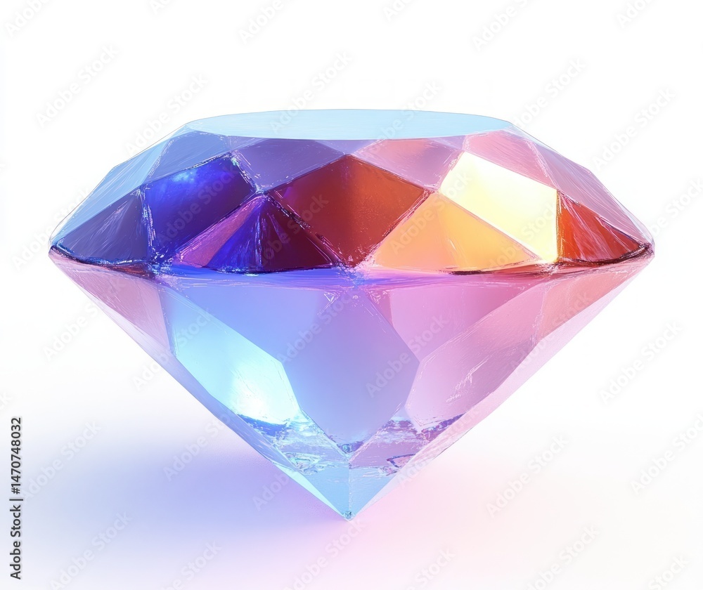 Close-up of a sparkling faceted gemstone with colorful reflections in shades of blue, purple, pink, and orange on a white background Close-up of a sparkling faceted gemstone with colorful reflections in shades of blue, purple, pink, and orange on a white background