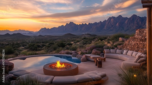 Fototapeta Naklejka Na Ścianę i Meble -  Stunning desert sunset view with pool and fire pit luxury relaxation oasis scenic mountain range sky
