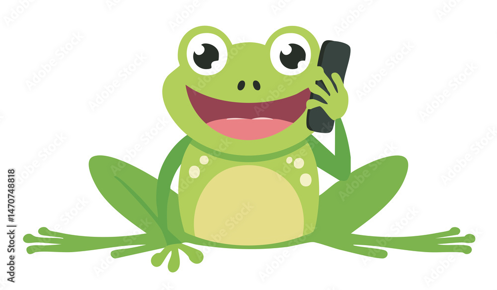 Fototapeta premium Happy frog on the phone. A cheerful green frog sitting and happily talking on a smartphone.