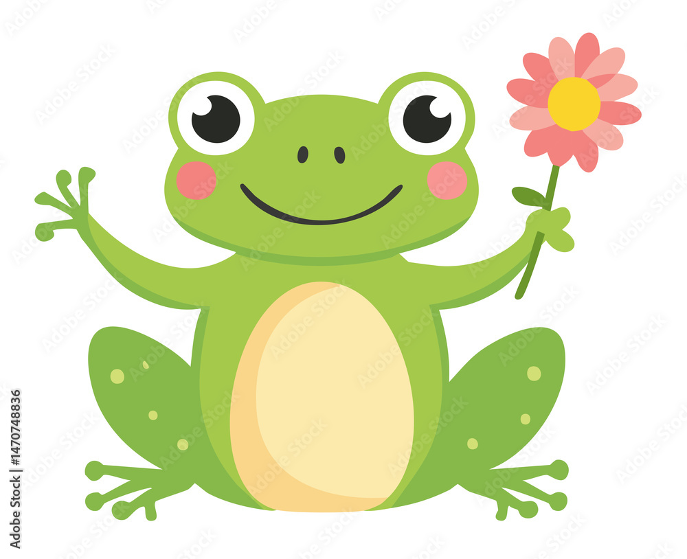 A cheerful frog with a pink flower, exuding happiness and joy A cheerful frog with a pink flower, exuding happiness and joy