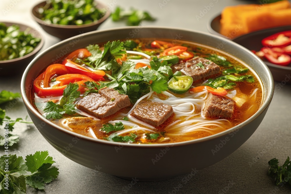 Hearty beef noodle soup in a round bowl. Hearty beef noodle soup in a round bowl.