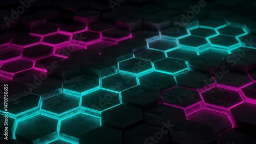 Abstract Honeycomb Pattern with Cyan and Magenta Lighting on Black Background