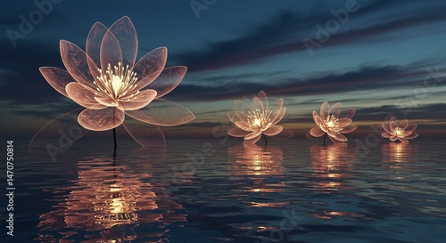 A surreal artistic landscape where giant translucent flowers bloom under a twilight sky, their petals glowing softly with inner light. The ground is covered in reflective water, mirroring the sky and