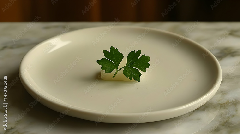 Small White Cube with Parsley on a White Plate Small White Cube with Parsley on a White Plate