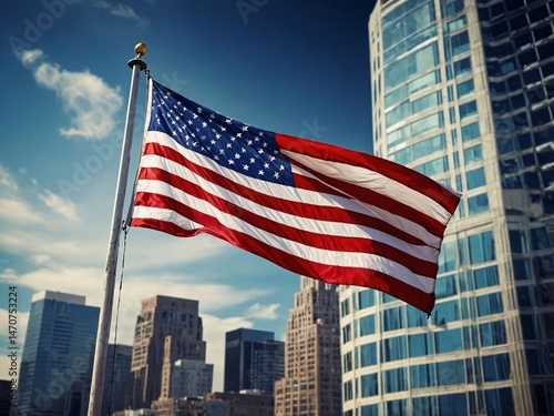 new york city skyline and american flag