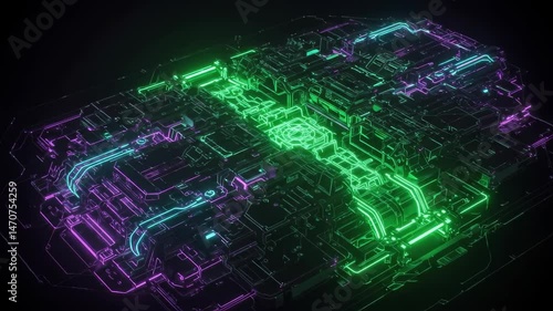 Abstract Glowing Circuit Board with Neon Purple and Green Lines on Black