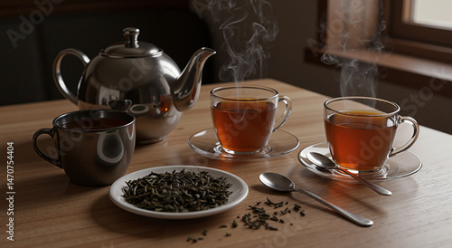 Elegant tea setup with steaming cups on a wooden table  