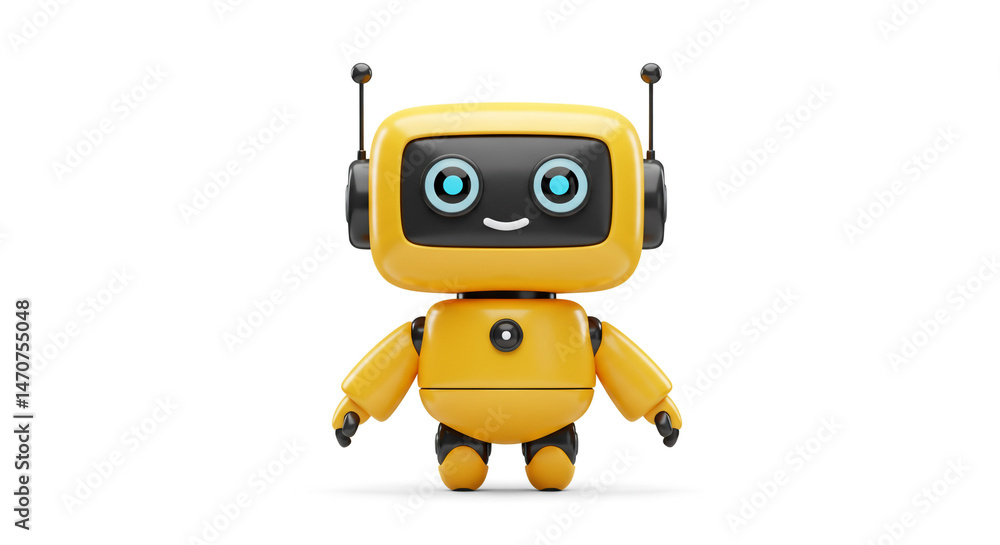 A cute yellow robot with black accents standing on a white surface isolated in the center of the frame A cute yellow robot with black accents standing on a white surface isolated in the center of the frame