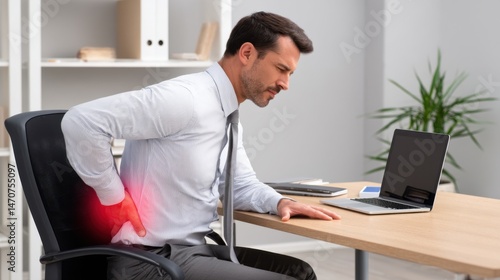 Man in office with lower back pain, highlighted in red, sitting at desk with laptop.