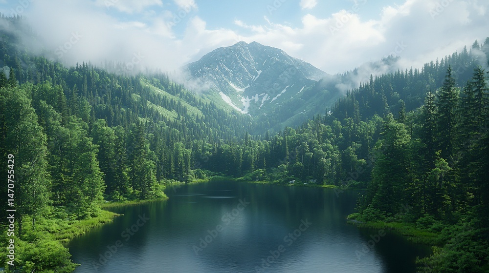 Fototapeta premium Serene mountain lake nestled amongst lush green forests, with misty peaks in the background