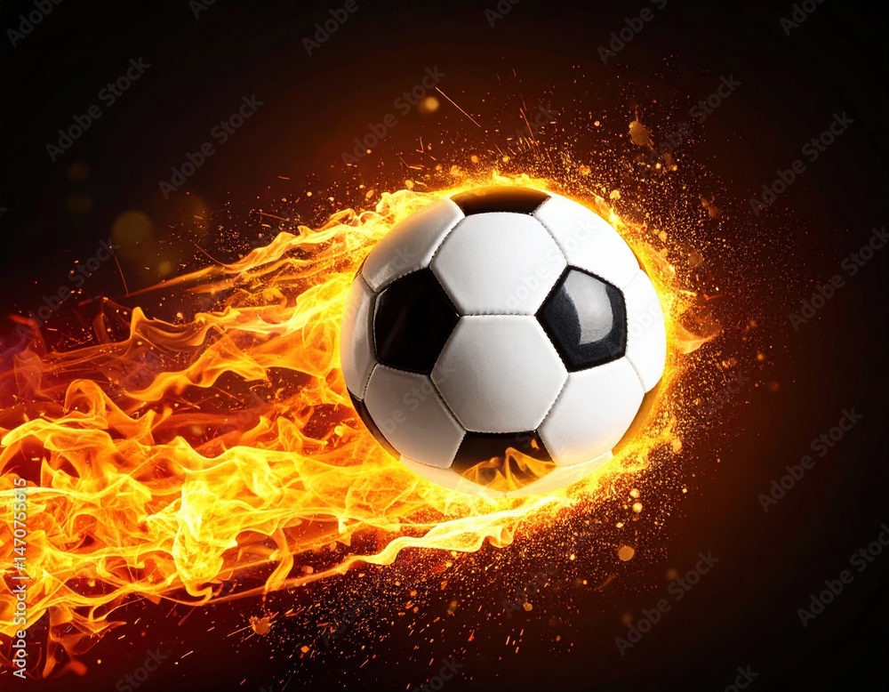 Fototapeta premium Dynamic fiery soccer ball in motion with flames against dark background