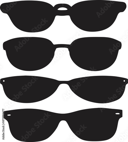 Collection of stylish sunglasses in black silhouette representing summer accessories and eyewear