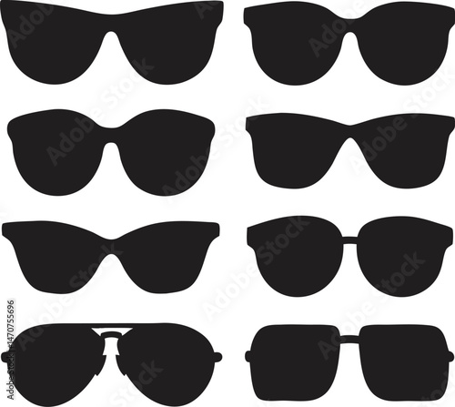 Assortment of stylish black sunglasses silhouettes for fashion design and summer concepts