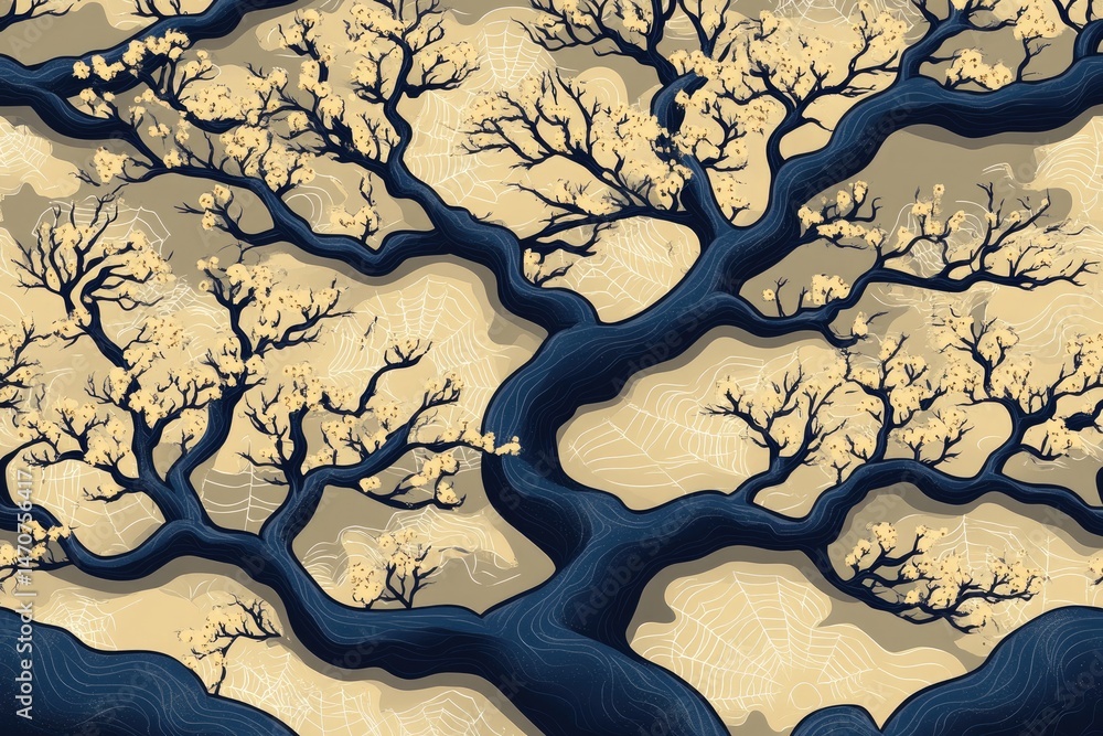 Naklejka premium Intricate, stylized tree branches with pale blossoms.