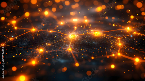 Abstract Glowing Network Background with Orange and Golden Lights