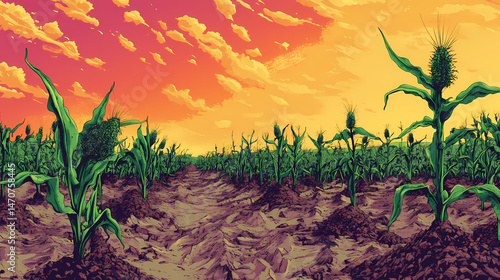 Toxic fertilizer affecting crops and land. featuring stunted plants and cracked soil. [Toxic Carnival] | Fluorescent Freakshow | toxic stunts. Illustration photo