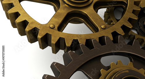 Close up of interlocking gears in gold and brown tones on a white background surface detail