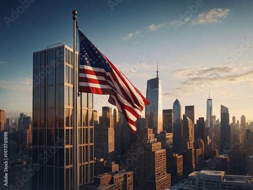 american flag flying in the new york city skyline