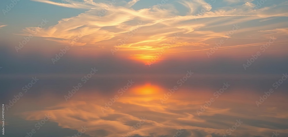 Obraz premium Misty sunrise paints the tranquil lake surface, reflecting the dawn sky, still, orange