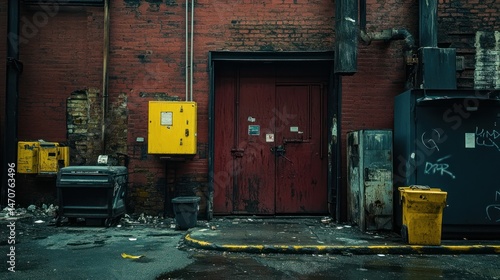 Dark urban alley showing red brick walls and a closed door