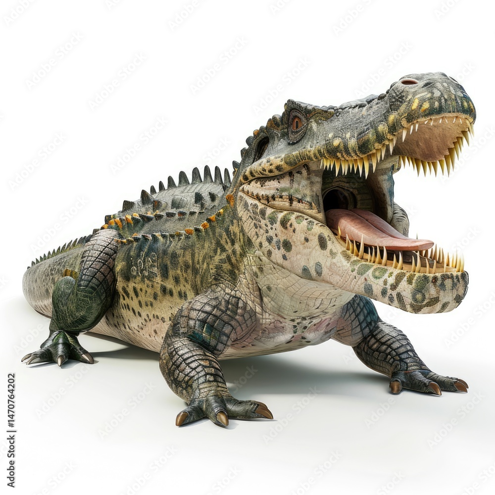 Fototapeta premium Prehistoric crocodile, large and formidable, with an open mouth.