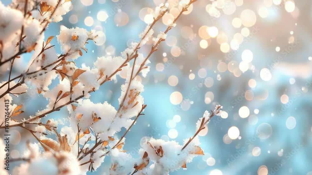 A snow-covered branches with remnants of yellow leaves are framed by a soft, bokeh background of white and yellow. The light and snow give it a magical quality in this wintry setting. A snow-covered branches with remnants of yellow leaves are framed by a soft, bokeh background of white and yellow. The light and snow give it a magical quality in this wintry setting.