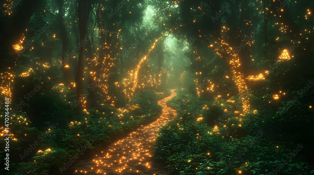 Fototapeta premium Enchanted Forest Path with Glowing Lights