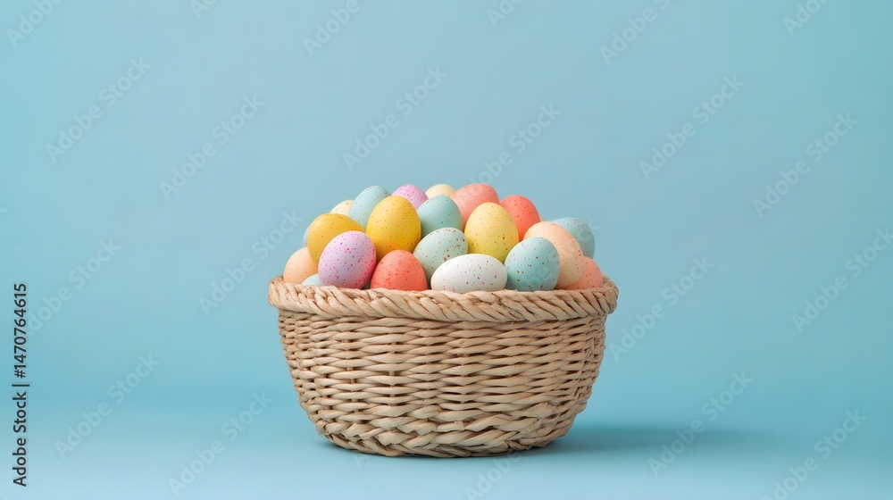 Naklejka premium Pastel easter eggs in wicker basket on light blue background for holiday celebration and decoration ideas