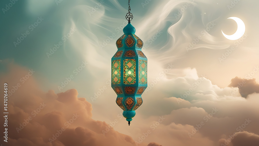 Obraz premium Minimalist Eid al-Adha design with green metal lantern, crescent and star elements, cloudy ring and foliage, calm and authentic