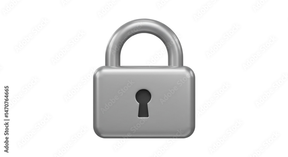 A shiny silver padlock with a keyhole centered on a white background in a minimalistic style A shiny silver padlock with a keyhole centered on a white background in a minimalistic style