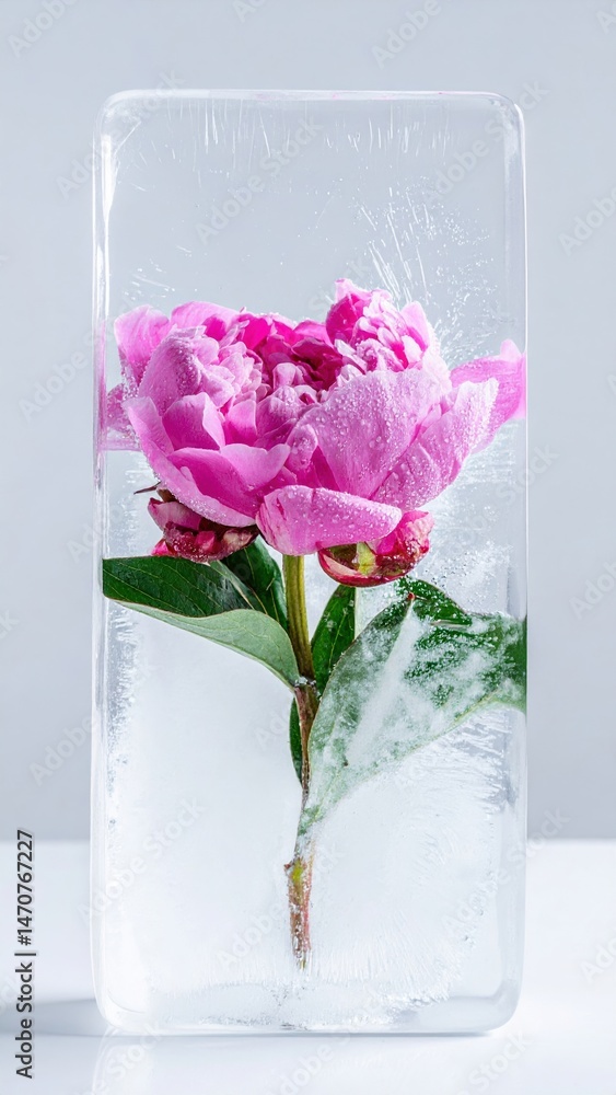 Obraz premium Pink peony encased in clear ice block on white background