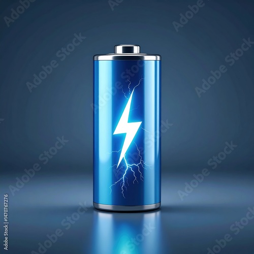 Glowing electric blue battery with lightning symbol on dark background