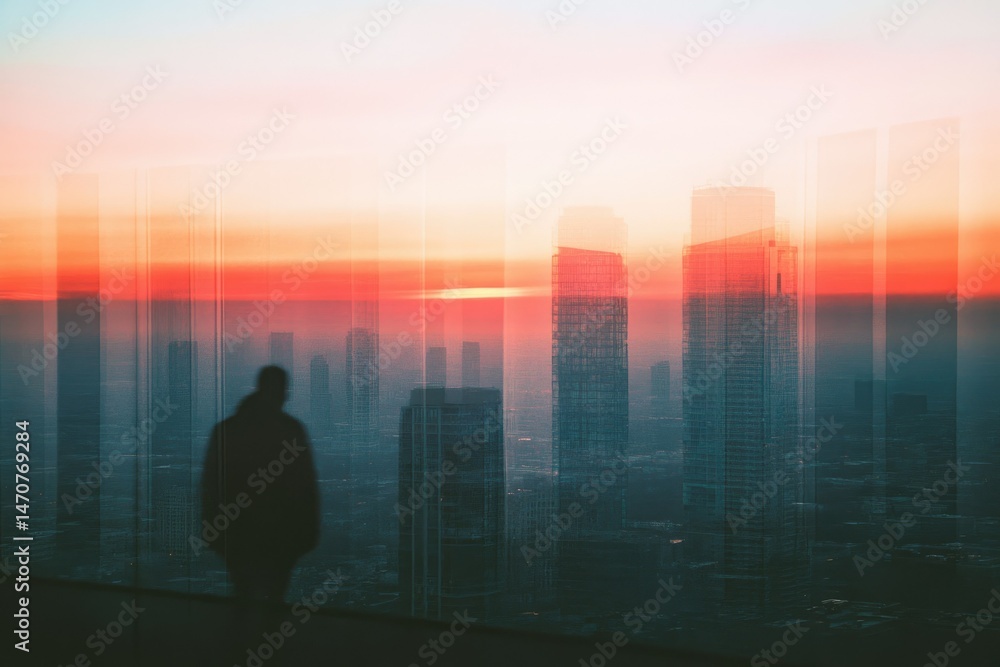 Fototapeta premium Silhouette of a person gazing at a vibrant sunset over a city skyline.