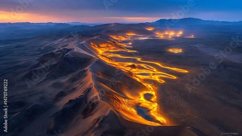 Vast desert giant sand dunes and glowing oases mirages in the distance cinematic desert dreamscape
