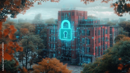 Wallpaper Mural A modern brick building surrounded by autumn trees displaying a digital glowing padlock overlay symbolizing security and protection in a cyber environment Torontodigital.ca