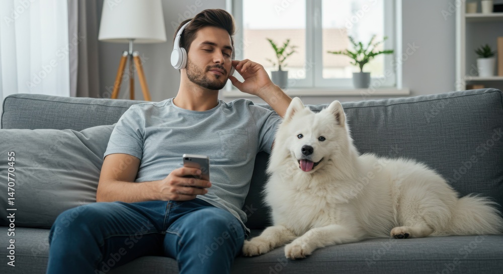 Young man and white dog relaxing on gray sofa in living room with natural light Young man and white dog relaxing on gray sofa in living room with natural light