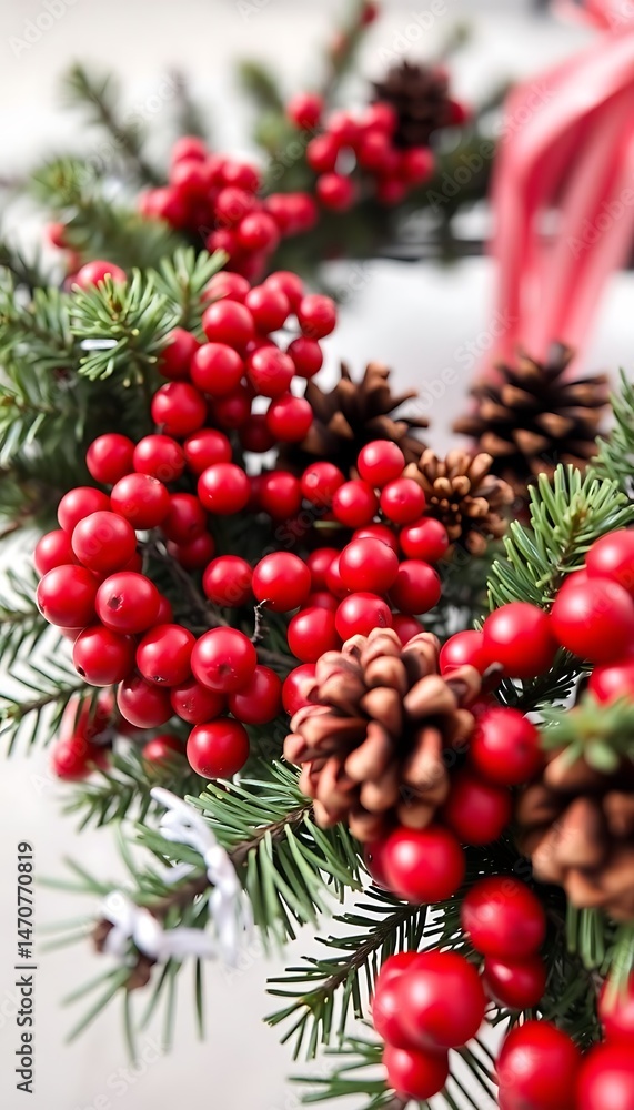 Fototapeta premium close up of a christmas wreath with pine cones and berries