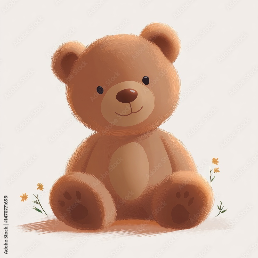 Obraz premium Cute smiling teddy bear sitting with small yellow flowers on both sides against a light background