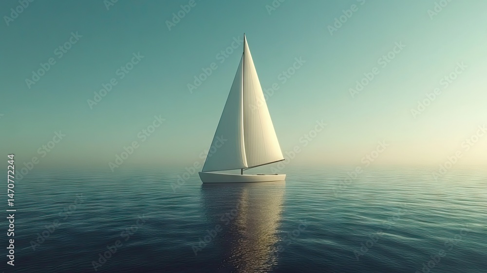 Fototapeta premium Solitary white sailboat on a calm sea at dawn.