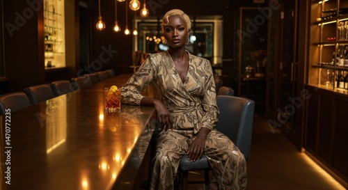 Woman in patterned outfit sitting at upscale bar with cocktail