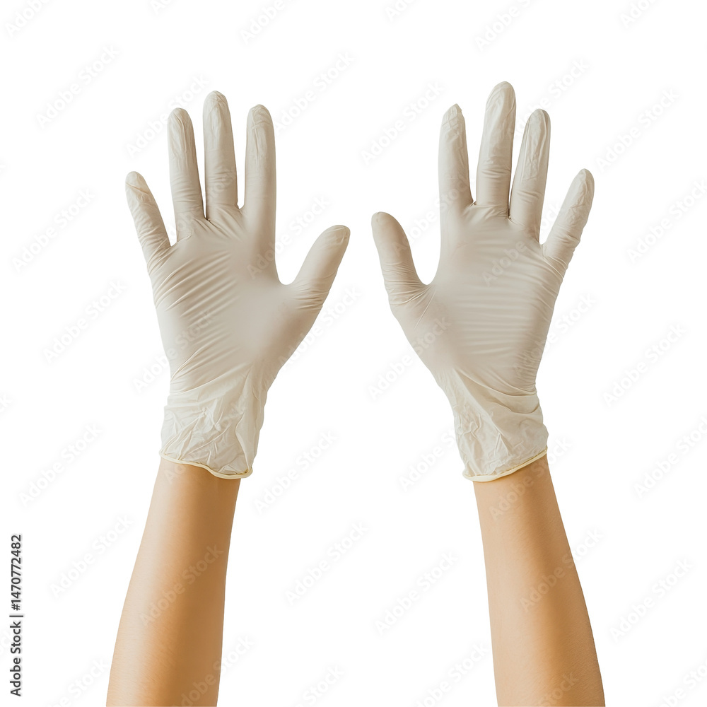 Obraz premium Hands wearing medical gloves raised against a plain transparent background for health and safety illustration, Hands Wearing Medical Gloves on transparent background