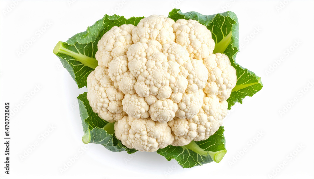 the image showcases a fresh, white vegetable resting on a crisp, green leaf setting. the vegetable has a tightly packed, round form with a textured surface made up of numerous tiny clusters the image showcases a fresh, white vegetable resting on a crisp, green leaf setting. the vegetable has a tightly packed, round form with a textured surface made up of numerous tiny clusters