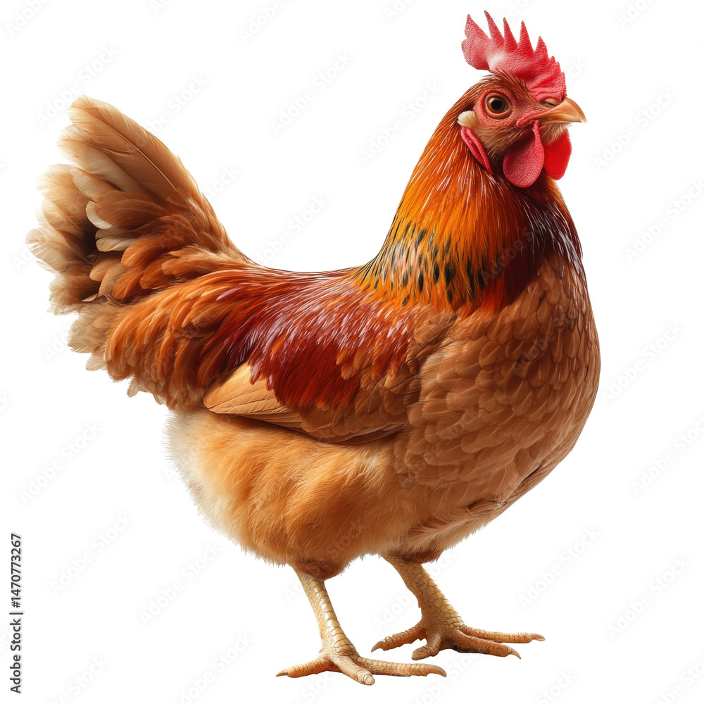 Fototapeta premium Detailed depiction of a hen with vibrant plumage and comb in sharp focus