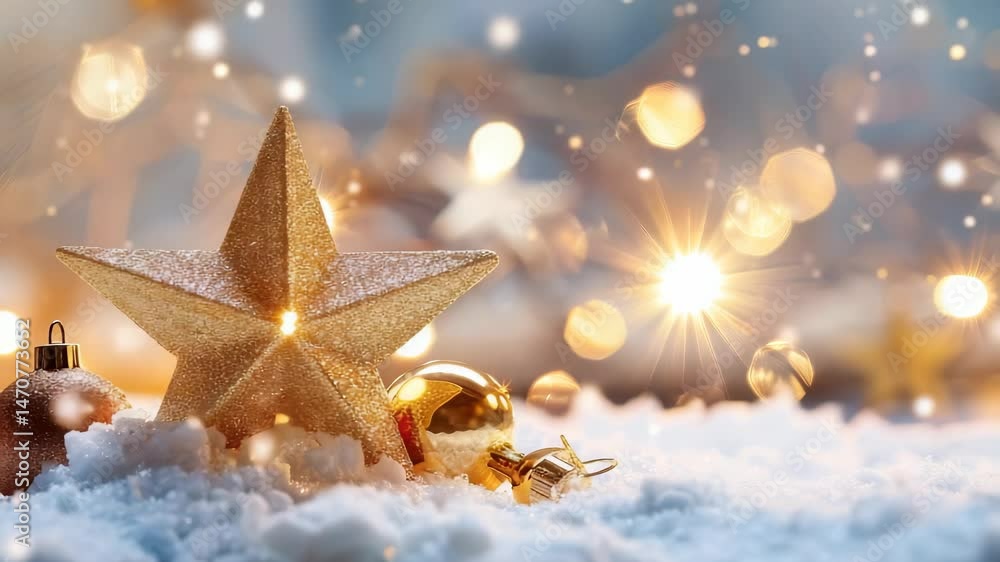 Golden star and ornaments lying in a bed of soft, white snow. Twinkling lights and bokeh create a warm and festive atmosphere. The image evokes a sense of holiday magic and celebration. Golden star and ornaments lying in a bed of soft, white snow. Twinkling lights and bokeh create a warm and festive atmosphere. The image evokes a sense of holiday magic and celebration.