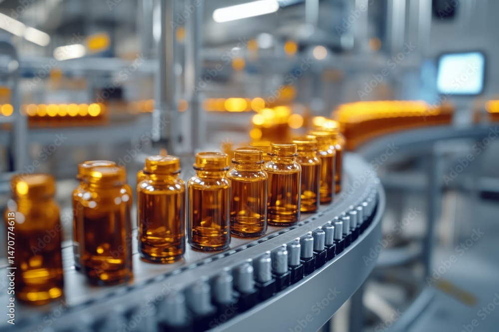 Automated production line moving amber glass bottles. Automated production line moving amber glass bottles.