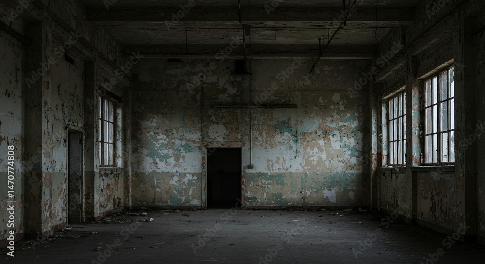 Interior of an abandoned factory with peeling paint on the walls, visible windows, and a dark doorway in the center. Interior of an abandoned factory with peeling paint on the walls, visible windows, and a dark doorway in the center.